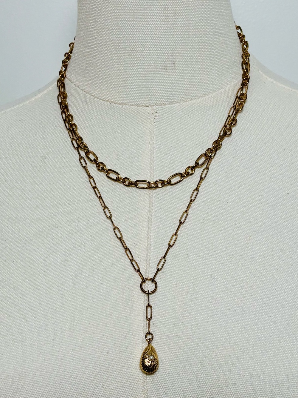 Gold-Tone Double Layer Paperclip Chain Link 2-in-1 Lariat Necklace